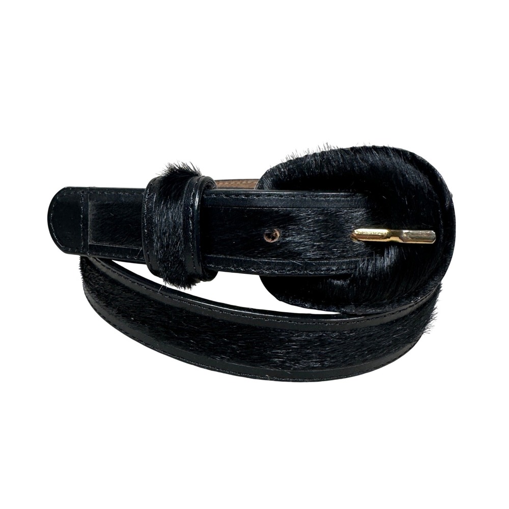 Tanner Black Calf Hair Leather Belt Womens Large Gold Buckle Pony Hair Luxury